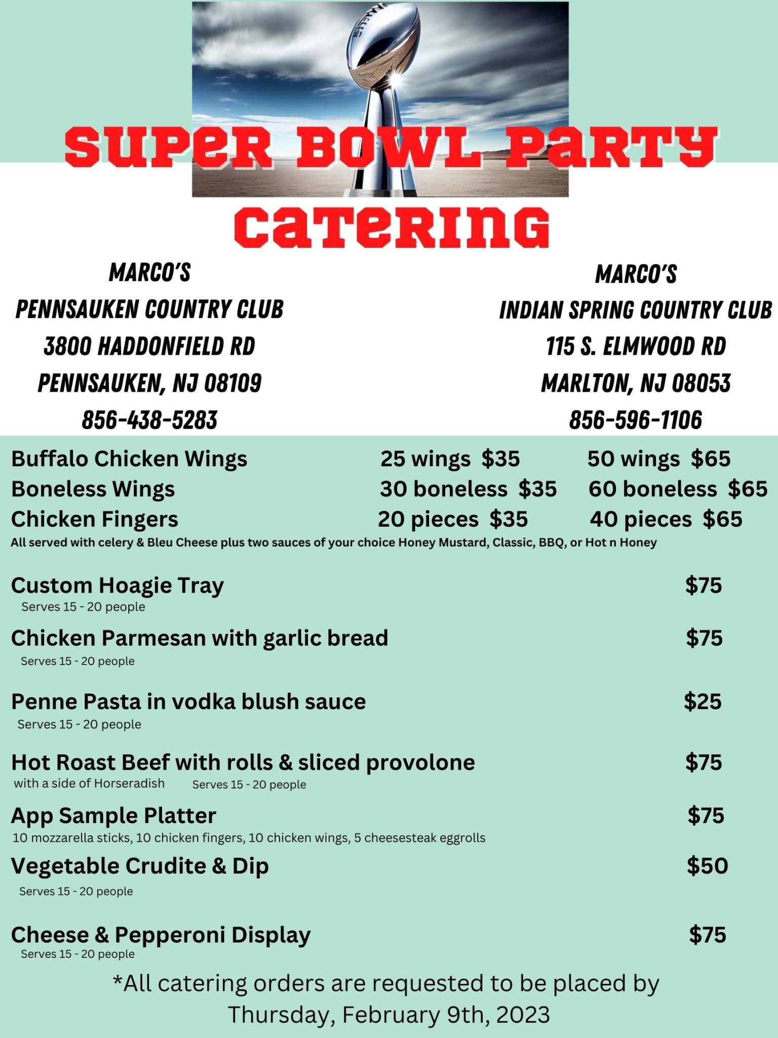 Super Bowl Menus Marco's Restaurant & Events