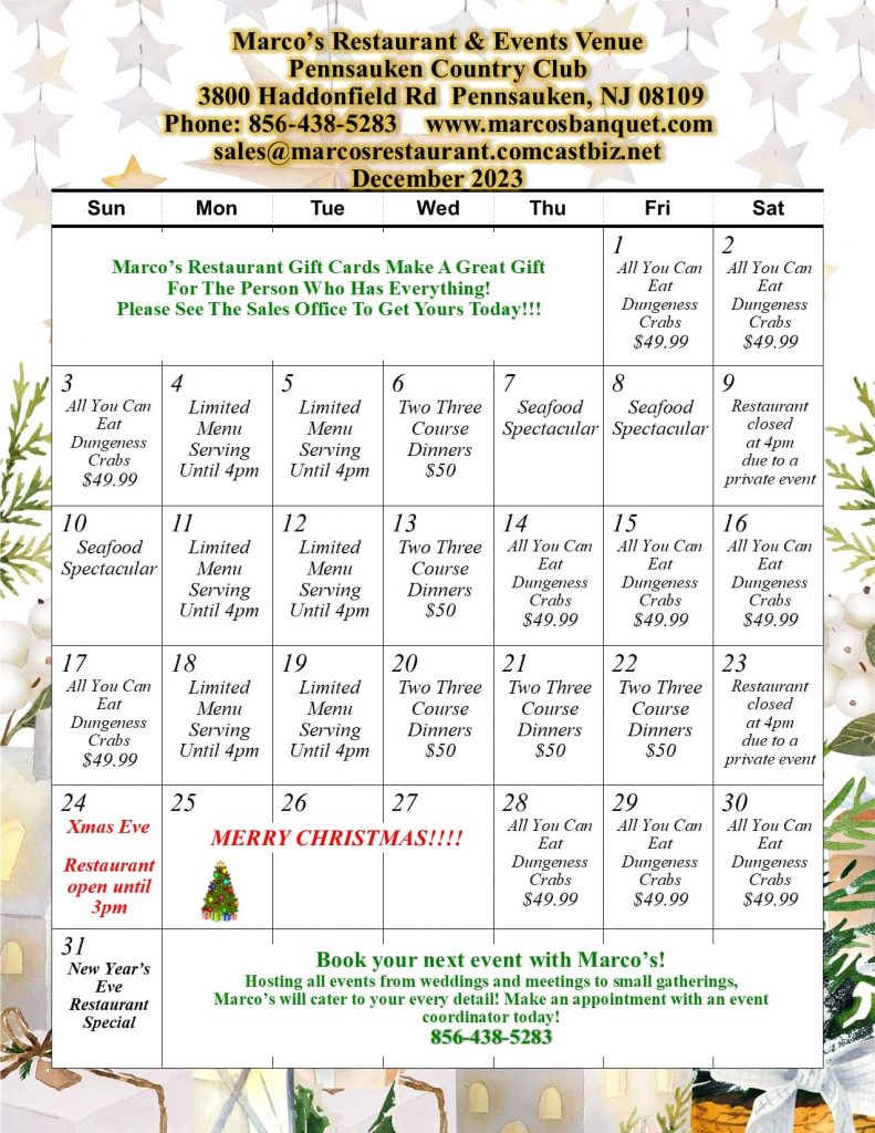 Restaurant Calendars - Marco's Restaurant & Events