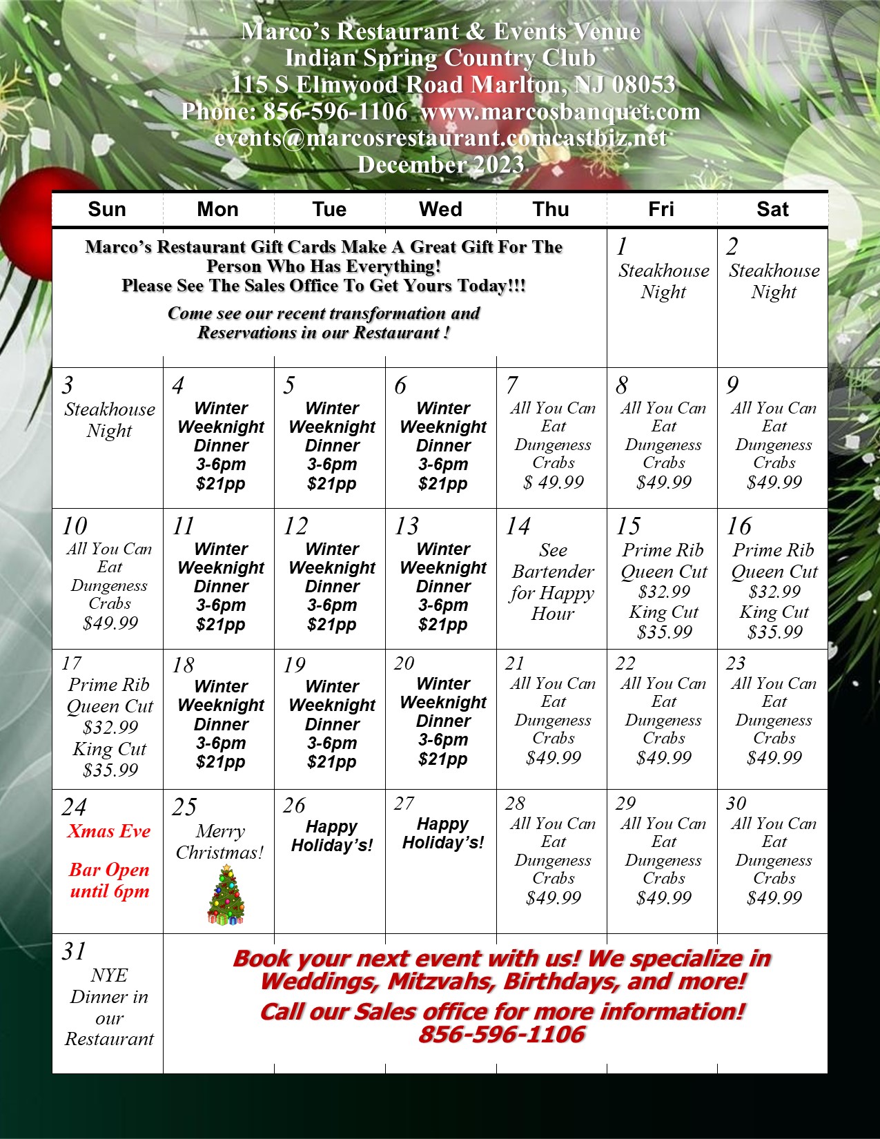 Restaurant Calendars - Marco's Restaurant & Events